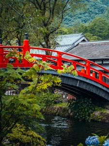 Preview wallpaper bridge, river, houses, roofs, tree