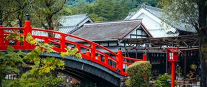 Preview wallpaper bridge, river, houses, roofs, tree