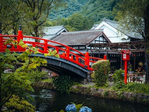 Preview wallpaper bridge, river, houses, roofs, tree