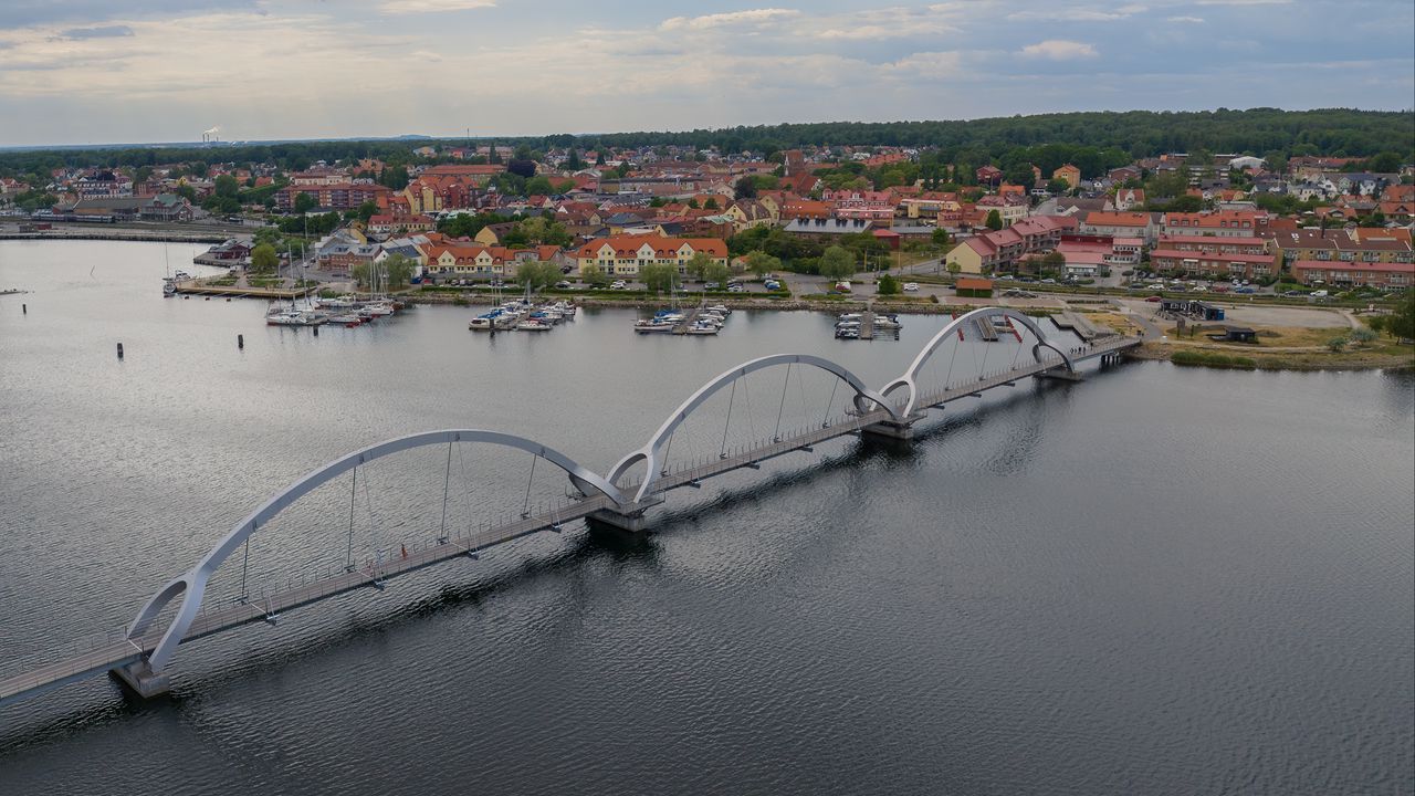 Wallpaper bridge, river, houses, pier, boats, sweden