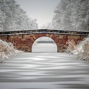 Preview wallpaper bridge, river, ice, snow, trees, winter