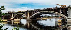 Preview wallpaper bridge, river, leaves, branches