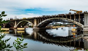 Preview wallpaper bridge, river, leaves, branches