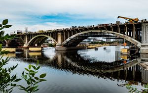 Preview wallpaper bridge, river, leaves, branches