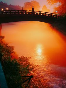 Preview wallpaper bridge, river, light, sunset, dark