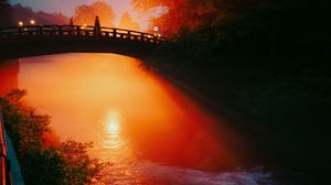 Preview wallpaper bridge, river, light, sunset, dark