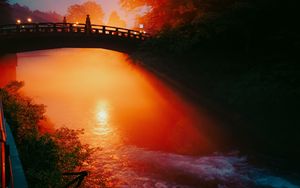 Preview wallpaper bridge, river, light, sunset, dark