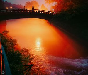 Preview wallpaper bridge, river, light, sunset, dark