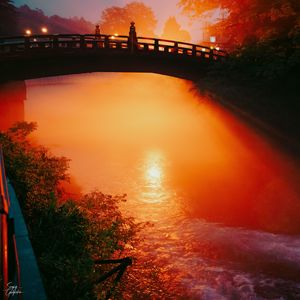 Preview wallpaper bridge, river, light, sunset, dark