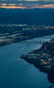 Preview wallpaper bridge, river, lights, city, evening