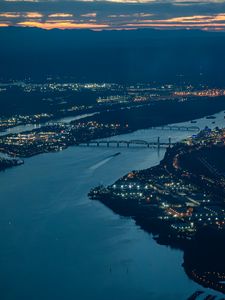 Preview wallpaper bridge, river, lights, city, evening