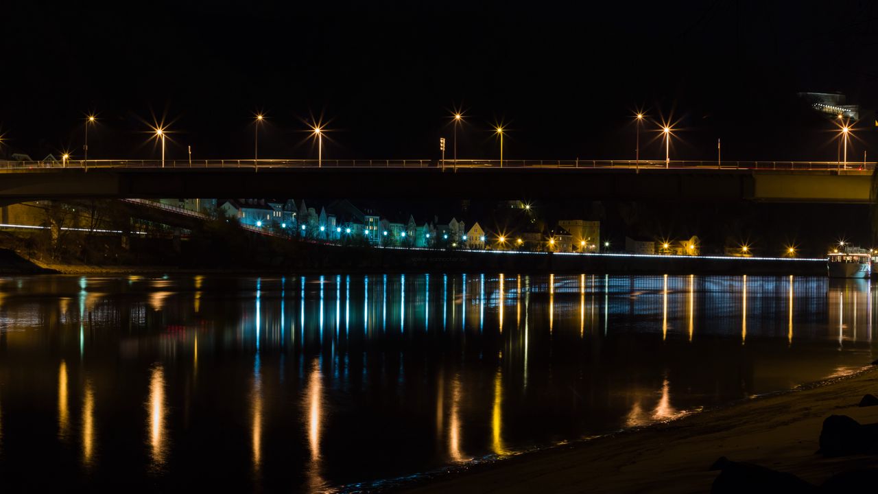 Wallpaper bridge, river, lights, night, dark