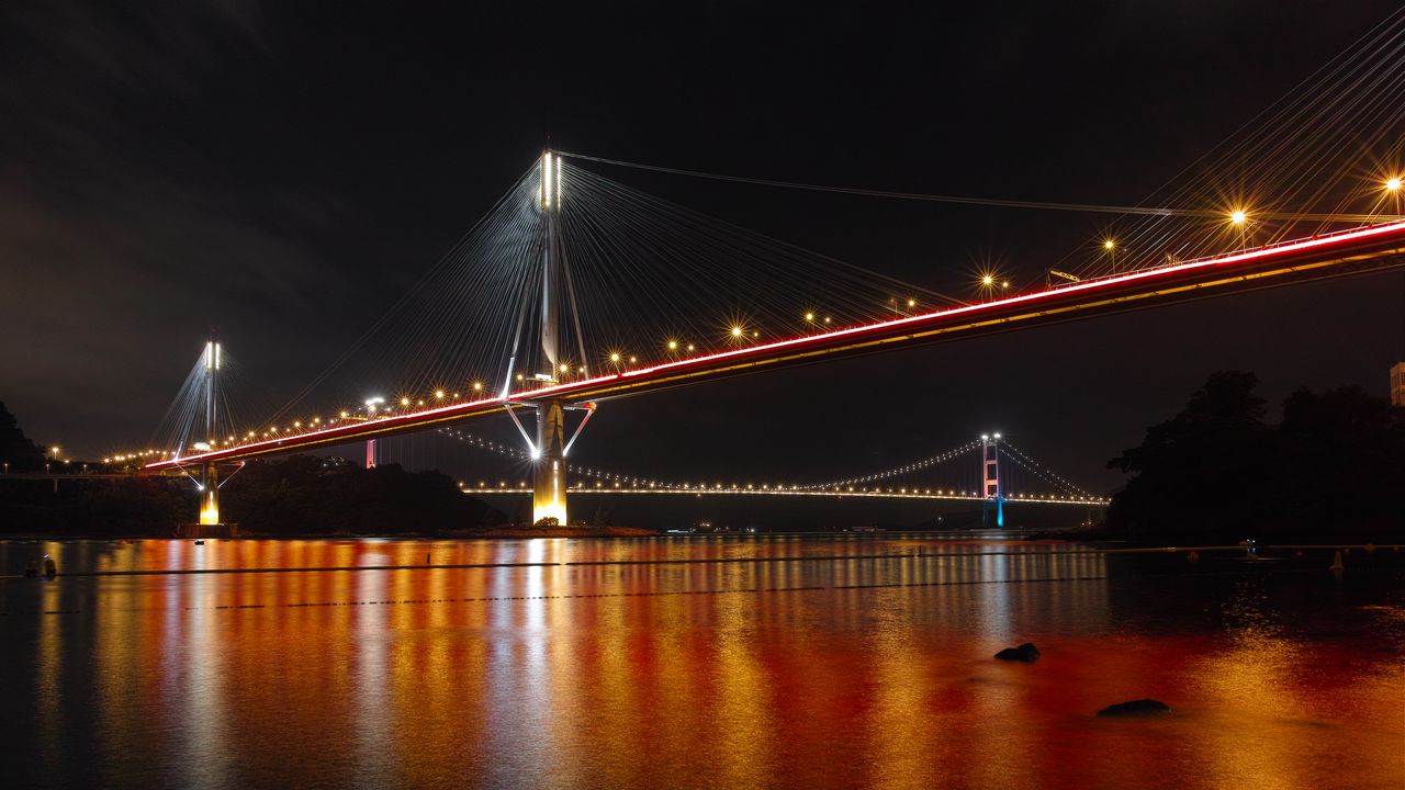 Wallpaper bridge, river, lights, reflection, night