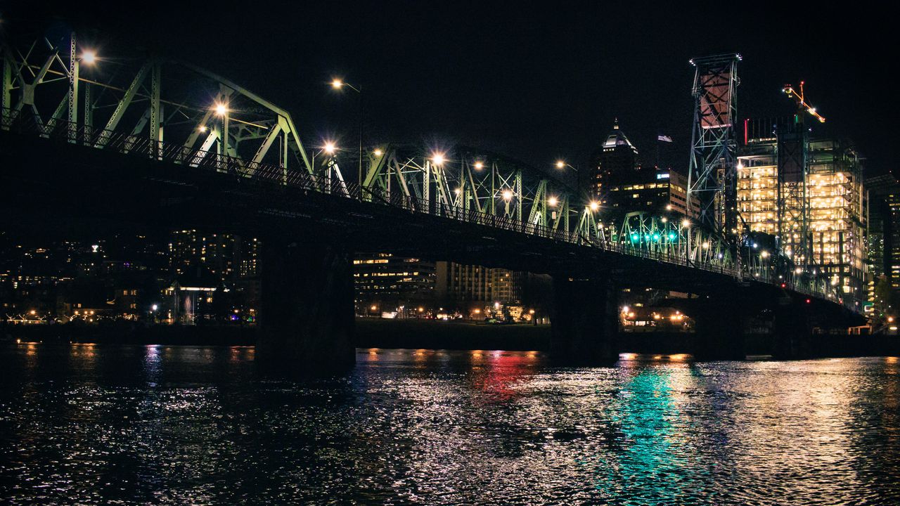 Wallpaper bridge, river, lights, buildings, night