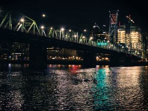 Preview wallpaper bridge, river, lights, buildings, night