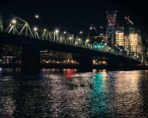 Preview wallpaper bridge, river, lights, buildings, night