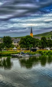 Preview wallpaper bridge, river, motor ships, buildings, trees, clouds, landscape
