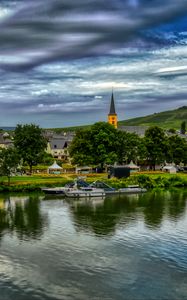 Preview wallpaper bridge, river, motor ships, buildings, trees, clouds, landscape