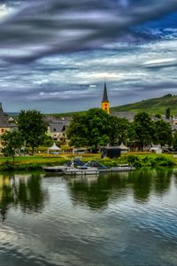Preview wallpaper bridge, river, motor ships, buildings, trees, clouds, landscape