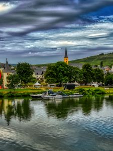 Preview wallpaper bridge, river, motor ships, buildings, trees, clouds, landscape