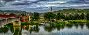 Preview wallpaper bridge, river, motor ships, buildings, trees, clouds, landscape