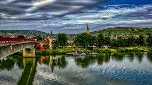 Preview wallpaper bridge, river, motor ships, buildings, trees, clouds, landscape