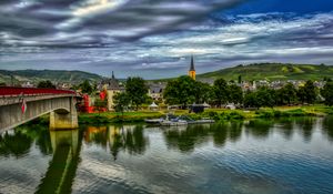Preview wallpaper bridge, river, motor ships, buildings, trees, clouds, landscape
