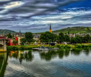 Preview wallpaper bridge, river, motor ships, buildings, trees, clouds, landscape