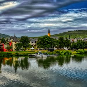 Preview wallpaper bridge, river, motor ships, buildings, trees, clouds, landscape