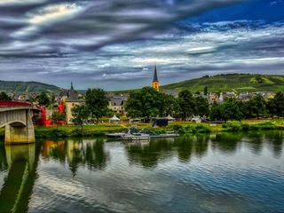 320x240 Wallpaper bridge, river, motor ships, buildings, trees, clouds, landscape