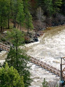 Preview wallpaper bridge, river, mountain, trees, stream