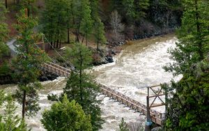 Preview wallpaper bridge, river, mountain, trees, stream