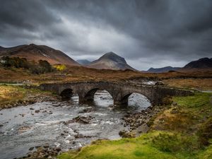 Preview wallpaper bridge, river, mountains, stream