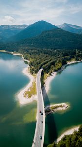Preview wallpaper bridge, river, mountains, forest, aerial view
