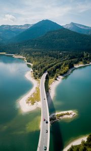 Preview wallpaper bridge, river, mountains, forest, aerial view