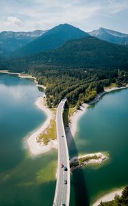 Preview wallpaper bridge, river, mountains, forest, aerial view