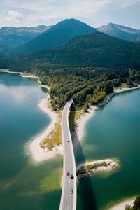 Preview wallpaper bridge, river, mountains, forest, aerial view