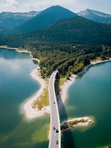 Preview wallpaper bridge, river, mountains, forest, aerial view