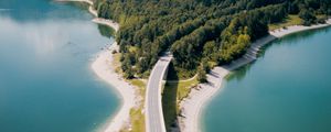 Preview wallpaper bridge, river, mountains, forest, aerial view