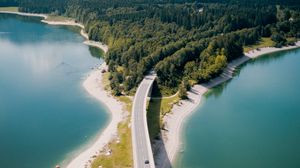 Preview wallpaper bridge, river, mountains, forest, aerial view