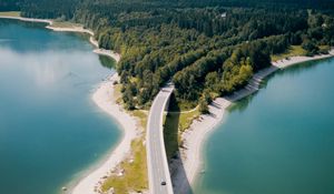 Preview wallpaper bridge, river, mountains, forest, aerial view