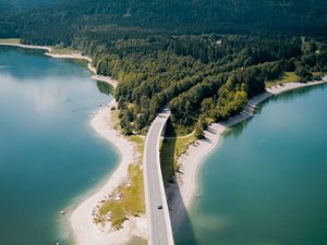 Preview wallpaper bridge, river, mountains, forest, aerial view