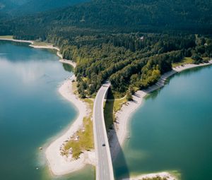 Preview wallpaper bridge, river, mountains, forest, aerial view