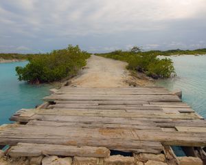 Preview wallpaper bridge, river, path, boards, flooring, bushes, crossing