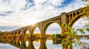 Preview wallpaper bridge, river, reflection, sky, branches