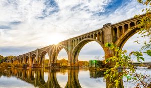 Preview wallpaper bridge, river, reflection, sky, branches