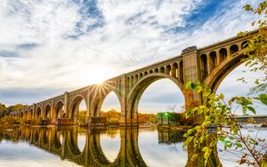 Preview wallpaper bridge, river, reflection, sky, branches