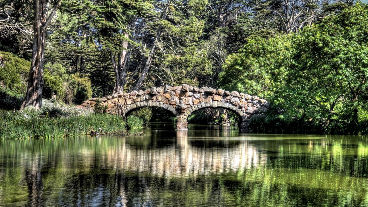 Wallpaper bridge, river, reflection, trees