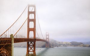 Preview wallpaper bridge, river, ship, fog