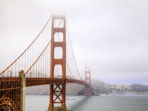 Preview wallpaper bridge, river, ship, fog